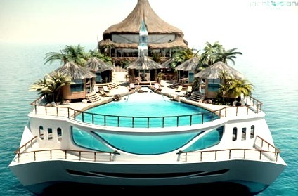 Super Yacht With Giant Pool and Island On It